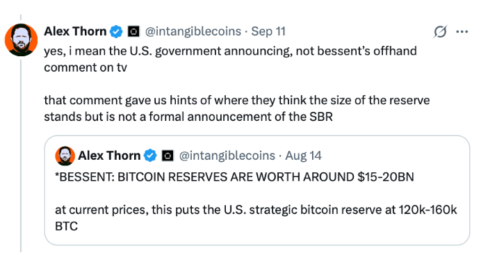 美国战略比特币储备从想法变为政策：索恩暗示年底前可能宣布